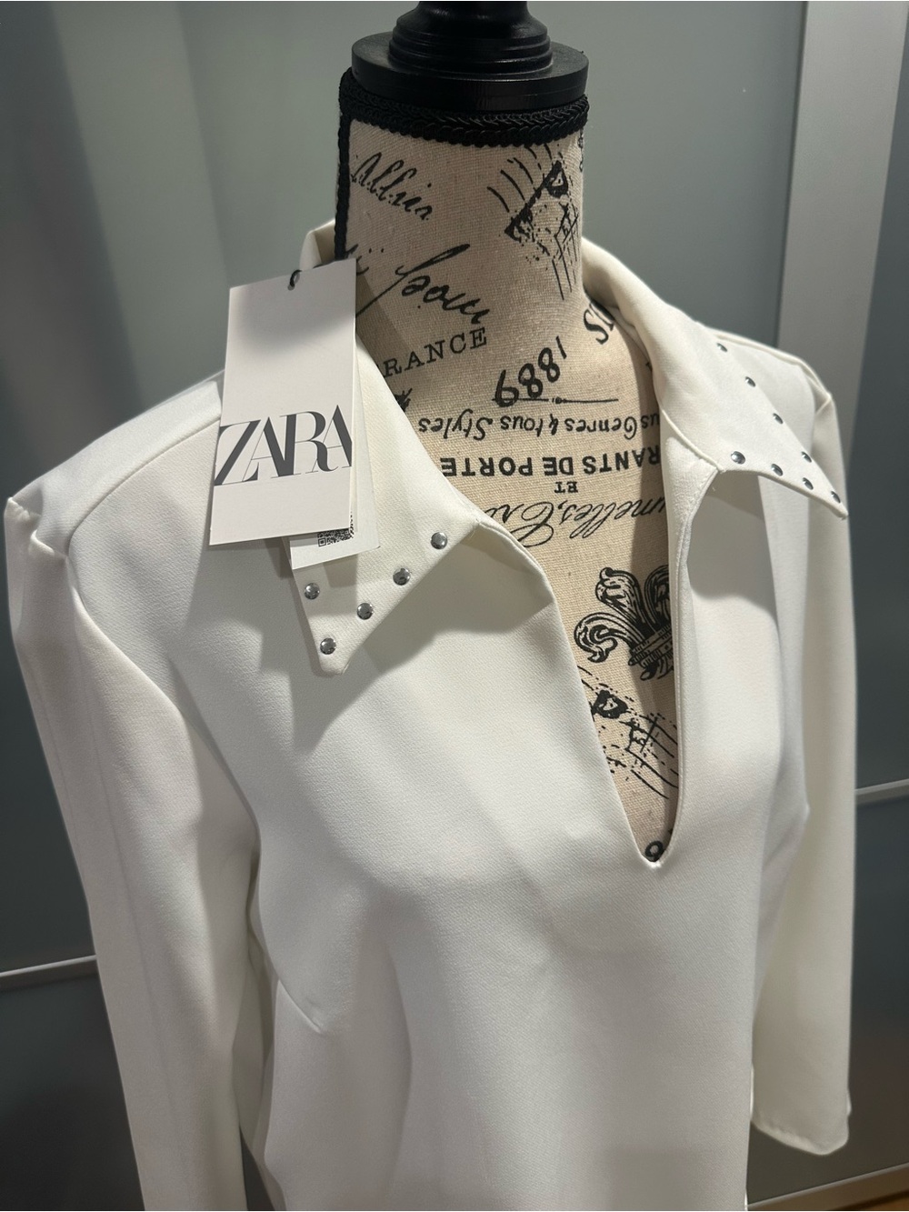 ZARA White Stud-Trim Button-Down dress
